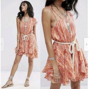 Free People One Shoulder Dress Rope Belt Ruffle Greek Goddess Size M NEW